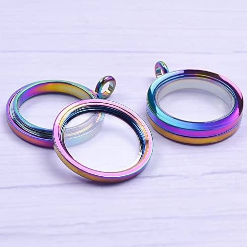 UNFINDINGS 10pcs Round Photo Charm Double-Sided Memory Locket Photo Frame Pendant Bridal Wedding Bouquet Charm for Picture Necklaces Making Rainbow Color 0.88in/22mm Inner