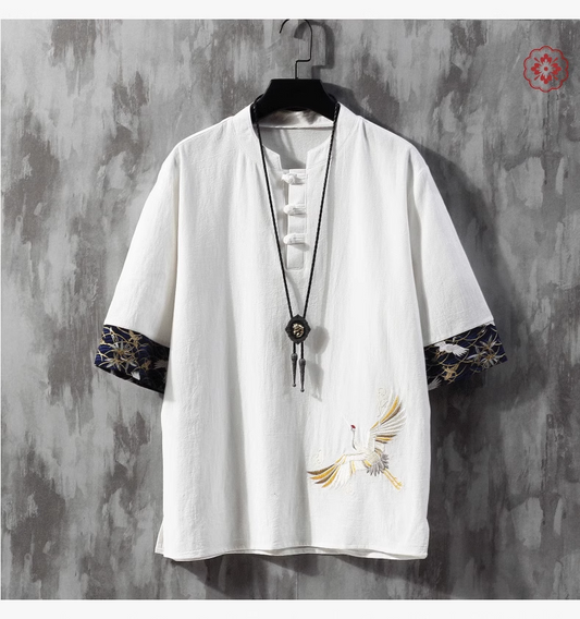 Summer thin loose embroidered linen boutique short sleeve T-shirt