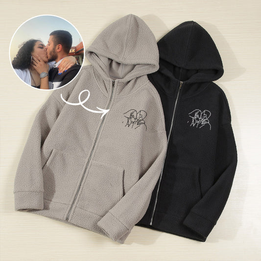 Custom Embroidered Pet Portrait Fleece Casual Zip-Up Hoodie - Warm Winter Gift for Your Beloved Pet