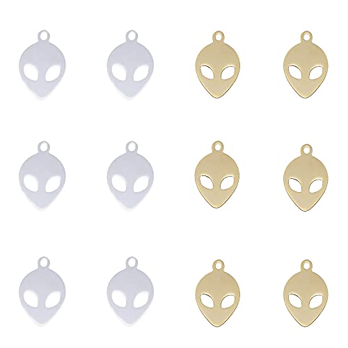 UNFINDINGS 20pcs 2 Colors Alien Charm Hollowing Face Eye Alien Pendant UFO ET Stainless Steel Charms for DIY Jewelry Making 1.5mm Hole