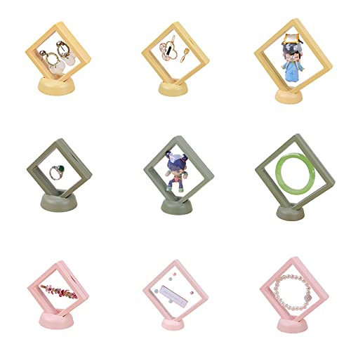 UNFINDINGS 3 Colors 3D Floating Frame Display Holder Stands, Set of 9 Coin Display Cases Jewelry Display Box, Jewelry Storage Rack for Ring Necklace Bracelet Earring
