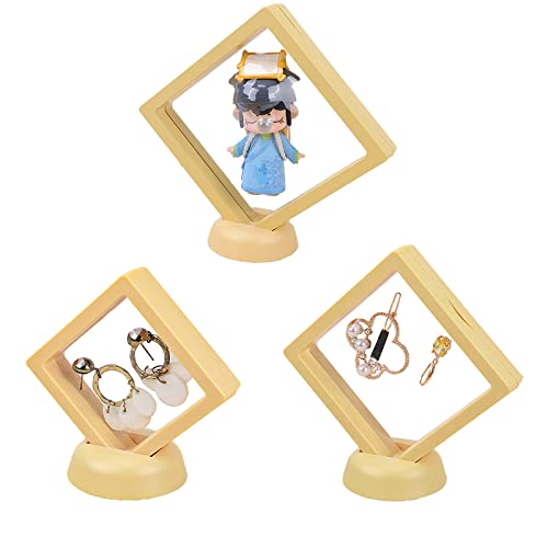 UNFINDINGS 3PCS 3D Floating Frames,3 Sizes Yellow Display Boxes with Stands PE Thin Film Suspension Jewelry Show Case,Jewelry Storage Box for Ring Necklace Bracelet Earring