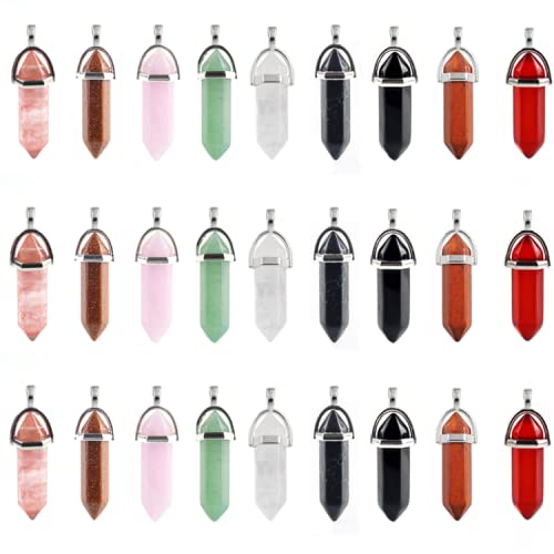 UNFINDINGS 27 Pieces Hexagonal Stone Pendant 9 Colors Pointed Crystal Quartz Stone Charms Bullet Shape Pendants DIY for Jewelry Making 5x3mm Hole