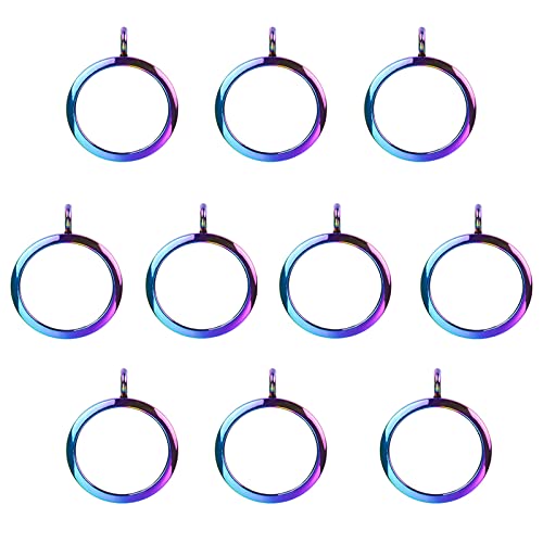 UNFINDINGS 10pcs Round Photo Charm Double-Sided Memory Locket Photo Frame Pendant Bridal Wedding Bouquet Charm for Picture Necklaces Making Rainbow Color 0.88in/22mm Inner