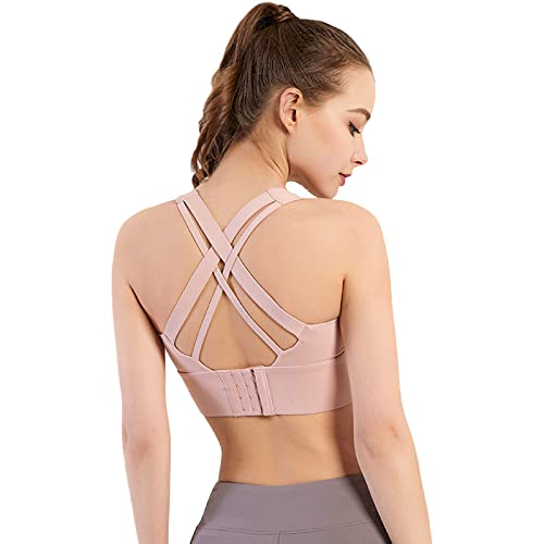 UNFINDINGS Pink Women's Yoga Sport Bra Cross Back Sport Bras Padded Strappy Criss Cross Cropped Bras for Workout Fitness Low Impact