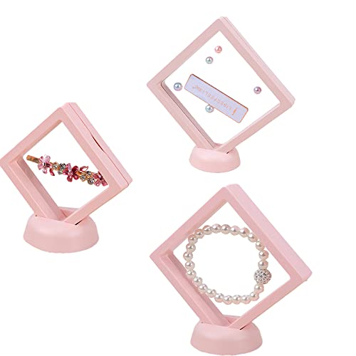 UNFINDINGS 3 Sizes 3D Floating Frame Display Holder Stands, Pink Coin Display Cases Jewelry Display Box, Jewelry Storage Rack for Ring Necklace Bracelet Earring