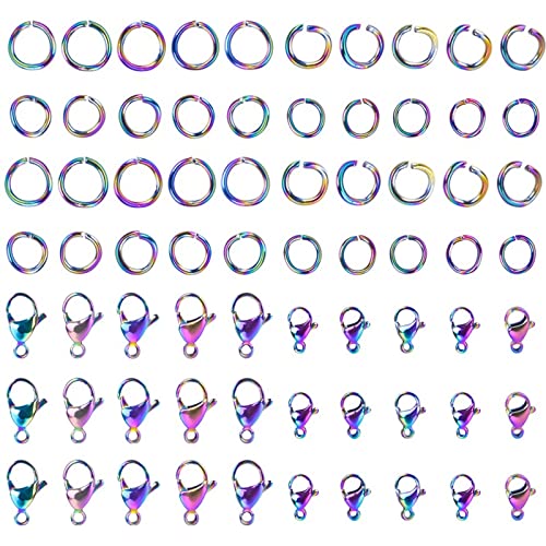 UNFINDINGS About 120pcs 4 Sizes Open Jump Rings and 2 Sizes Lobster Clasps Stainless Steel Jewelry Making Supplies Jewelry Findings Kit for Necklace and Jewelry Repair Rainbow Color