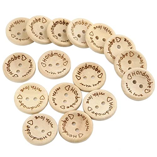 UNFINDINGS 100pcs Round Wooden Buttons Handmade with Love Decorative Buttons 2 Holes Vintage Wood Buttons for Sewing Clothing Crafts 0.98in/25mm