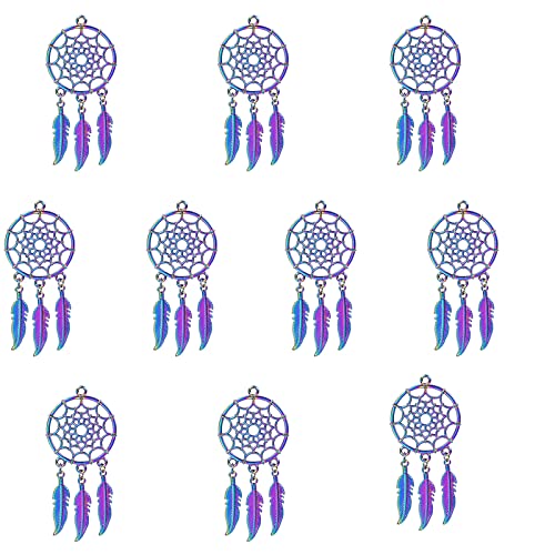 UNFINDINGS 10pcs Dream Catcher Charms Alloy Pendants Feather Tassel Dreamcatcher Charms in Rainbow Colors for DIY Jewelry Making Hanging Decorations 2mm Hole