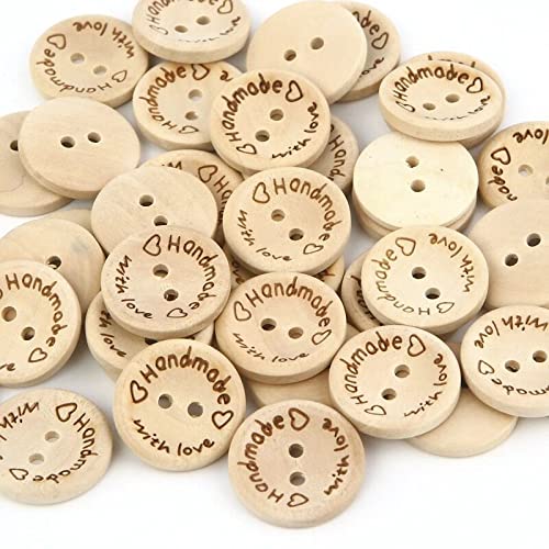 UNFINDINGS 100pcs Round Wooden Buttons Handmade with Love Decorative Buttons 2 Holes Vintage Wood Buttons for Sewing Clothing Crafts 0.78in/20mm