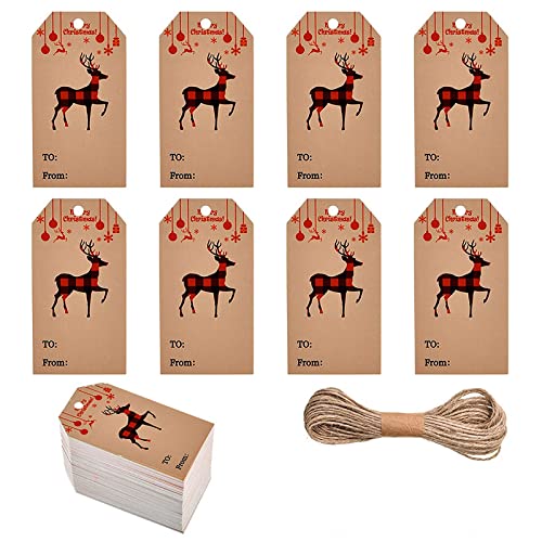 UNFINDINGS About 100pcs Elk Christmas Kraft Paper Gift Tags with 65ft String Christmas Label Gift Tags Bulk Christmas Good for Xmas Party Favors, Goody Gift 2x1.2 inches