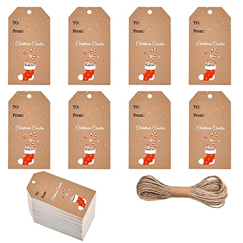 UNFINDINGS About 100pcs Socks Christmas Kraft Paper Gift Tags with 65ft String Christmas Label Gift Tags Bulk Christmas Good for Xmas Party Favors, Goody Gift 2x1.2 inches