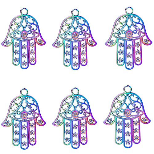 UNFINDINGS 6pcs Hamsa Hand Charms Hand of Fatima Pendants Symbol Charms Hollow Rainbow Color Pendants Hand of Miriam for Jewelry Findings Making 6.5mm Hole