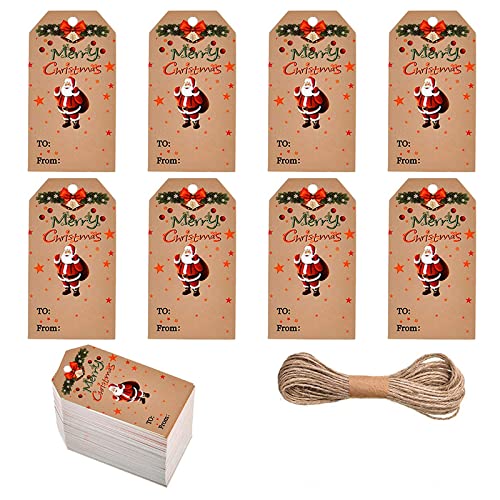 UNFINDINGS About 100pcs Santa Claus Christmas Kraft Paper Gift Tags with 65ft String Christmas Label Gift Tags Bulk Christmas Good for Xmas Party Favors, Goody Gift 2x1.2 inches