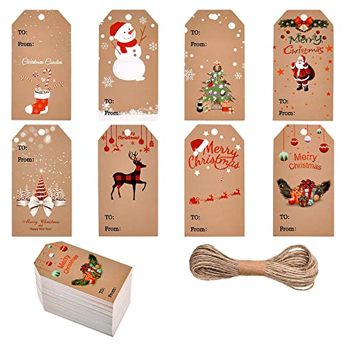 UNFINDINGS About 800pcs 8 Styles Christmas Kraft Paper Gift Tags with 524ft Strings Christmas Label Gift Tags Bulk Christmas Good for Xmas Party Favors, Goody Gift 2x1.2 inches