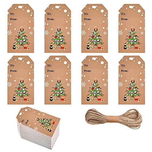 UNFINDINGS About 100pcs Tree Christmas Kraft Paper Gift Tags with 65ft String Christmas Label Gift Tags Bulk Christmas Good for Xmas Party Favors, Goody Gift 2x1.2 inches