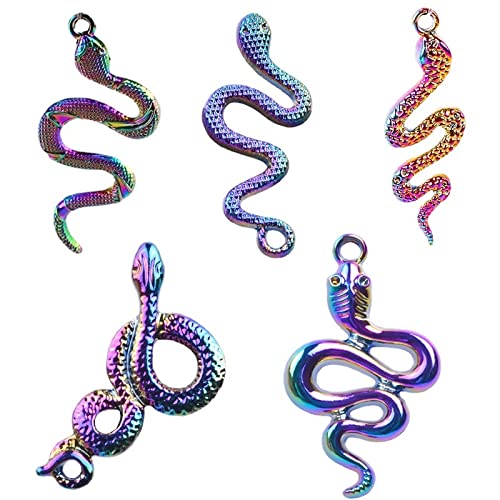 UNFINDINGS 5 Styles Snake Charms, Alloy Snake Pendants, Rainbow Color Smooth Pendants Accessories for DIY Jewelry Making Supplies