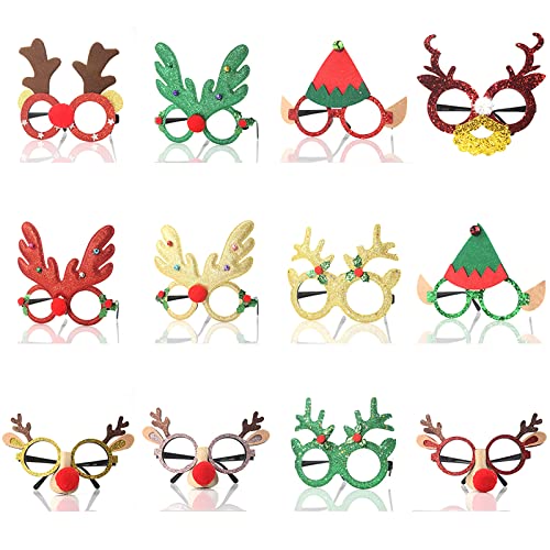 UNFINDINGS 12PCS Christmas Glasses Holiday Cute Glasses Frame Christmas Costume Creative Eyewear for Christmas Party,Christmas Dinner,Photos Booth About 12-16cm