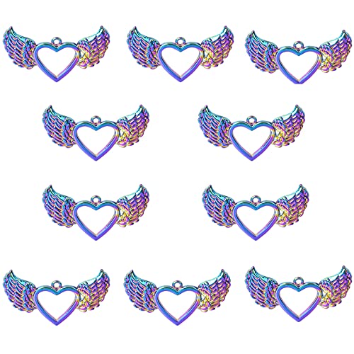 UNFINDINGS 10pcs Heart with Angel Wings Charms, Metal Hollow Pendant, Rainbow Color Smooth Pendant Findings Hip Hop Style for DIY Jewelry Making Supplies
