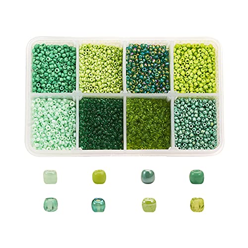 UNFINDINGS About 12500pcs 8 Green Colors Small Beads Glass Beads 2mm Acrylic Bracelet Beads with 8-Grid Plastic Storage Box for Jewelry Making Hole 1mm