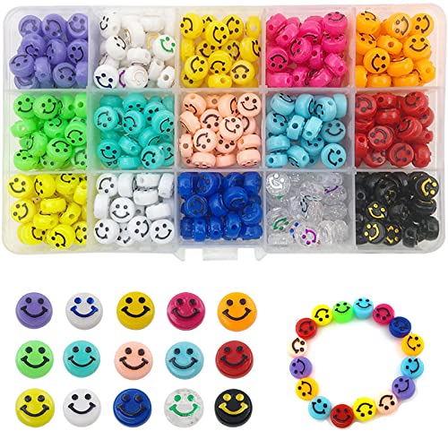 UNFINDINGS About 300pcs Smile Face Beads Mixed Color Acrylic Beads Happy Face Spacer Beads Waist Bead for Jewelry Making 10mm,2mm Hole