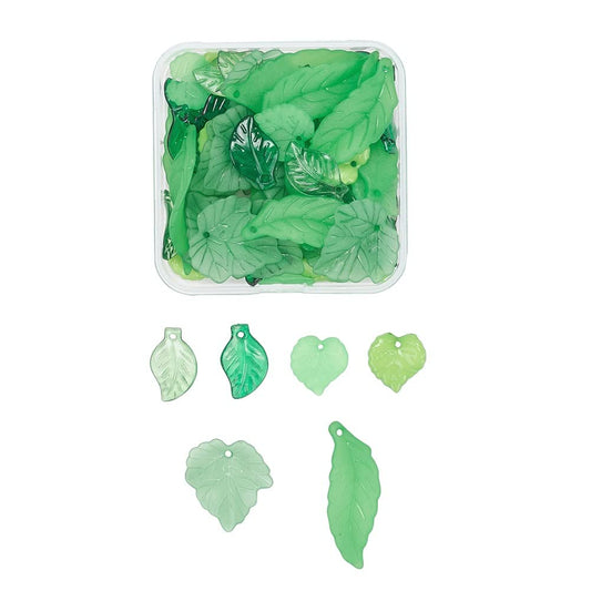 UNFINDINGS About 120pcs 6 Styles Leaves Acrylic Charms Green Acrylic Leaf Pendants Plastic Leaf Charm with 1-2mm Hole for DIY Jewelry Making 16-38mm