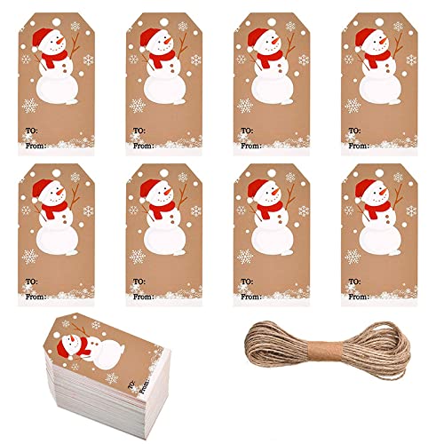 UNFINDINGS About 100pcs Snowman Christmas Kraft Paper Gift Tags with 65ft String Christmas Label Gift Tags Bulk Christmas Good for Xmas Party Favors, Goody Gift 2x1.2 inches