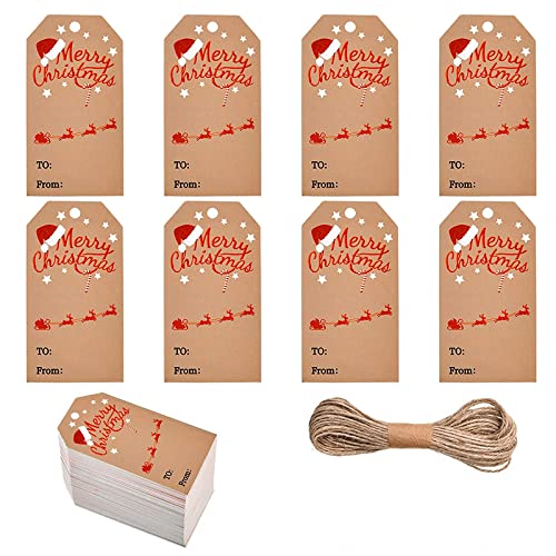 UNFINDINGS About 100pcs Sled Christmas Kraft Paper Gift Tags with 65ft String Christmas Label Gift Tags Bulk Christmas Good for Xmas Party Favors, Goody Gift 2x1.2 inches