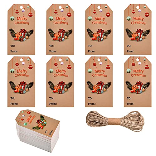 UNFINDINGS About 100pcs Gifts Christmas Kraft Paper Gift Tags with 65ft String Christmas Label Gift Tags Bulk Christmas for Xmas Party Favors, Goody Gift 2x1.2 inches