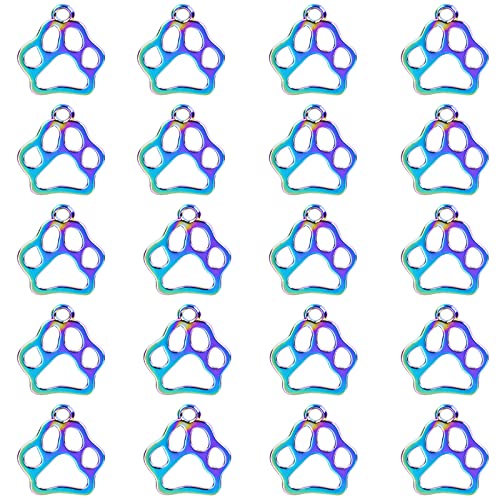 UNFINDINGS 20pcs Rainbow Color Cat Dog Paw Charms Alloy Pet Paw Charms Bulk Animal Footprint Pendant Jewelry Findings for Jewelry Making Supplies 2mm Hole