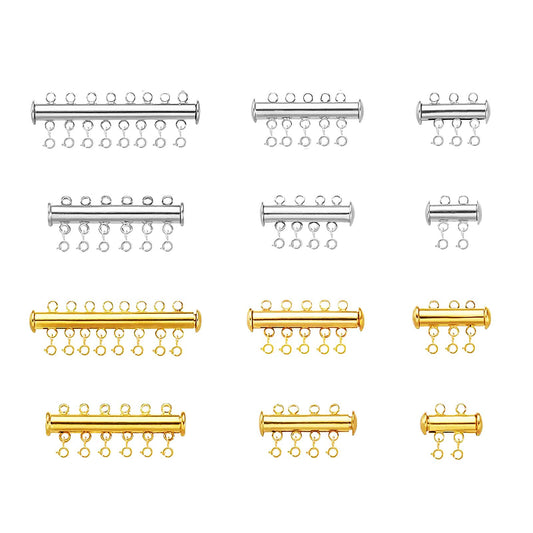 UNFINDINGS 12pcs 6 Sizes Strands Layer Clasps 2 Colors Necklace Connector Slide Clasp Lock Multi Strands Slide Tubes Clasp with Spring Ring Clip for Necklace Bracelet Jewelry Finding
