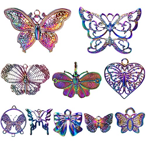 UNFINDINGS 10 Styles Butterfly Filigree Charms, Metal Hollow Charm Pendants Rainbow Color Smooth Pendants for Jewelry Making DIY Findings