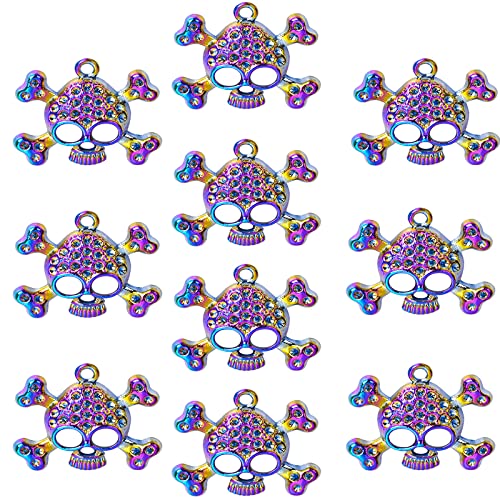 UNFINDINGS 10pcs Skull Charms for 2mm Rhinestone Skeleton Bone Halloween Pendants Alloy Skull Jewelry Charm for DIY Punk Jewelry Making Findings Rainbow Color 2.5mm Hole