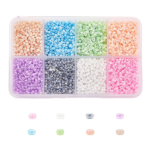 UNFINDINGS About 12500pcs 8 Assorted Colors Glass Beads 2mm Craft Beads Bracelet Beads with 8-Grid Plastic Storage Box for Jewelry Making Hole 1mm
