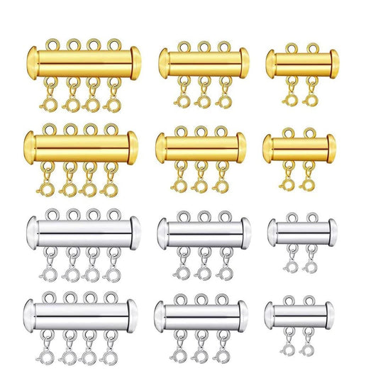 UNFINDINGS 12pcs 2/3/4 Strands Slide Clasp Lock Necklace Connectors Multi Strands Slide Tube Clasps 2 Colors Tubes Clasp with Spring Ring Clip for Necklace Bracelet Jewelry Finding