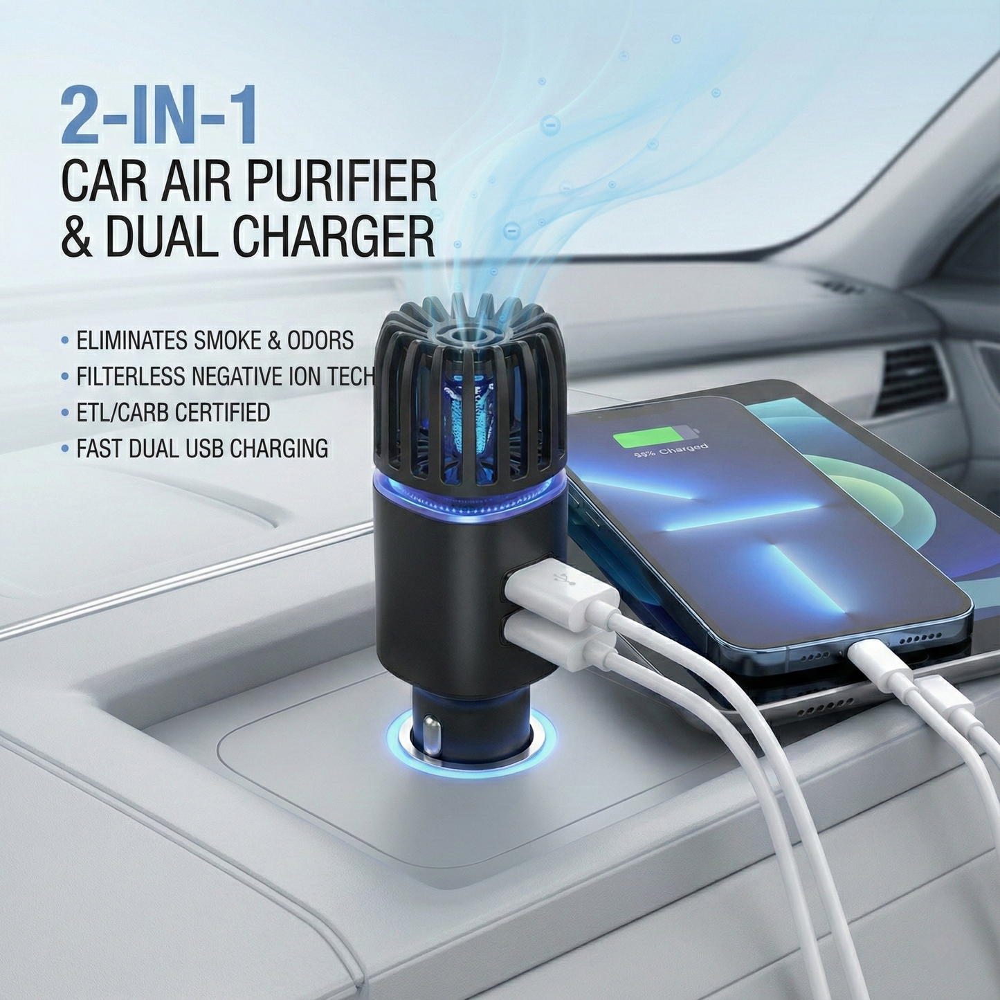 ETL & CARB Certified Car Air Purifier with Dual USB Ports